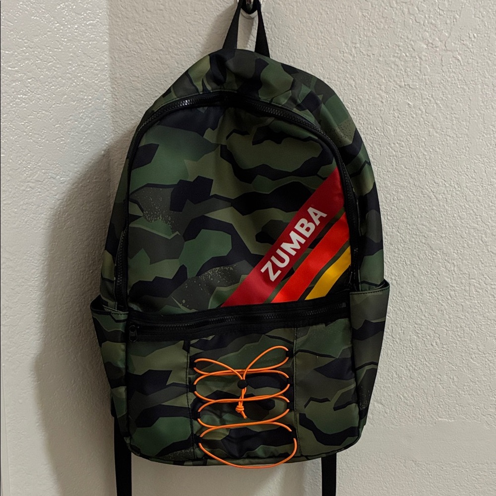 Zumba Fitness Camouflage Backpack with Red and Yellow Accents